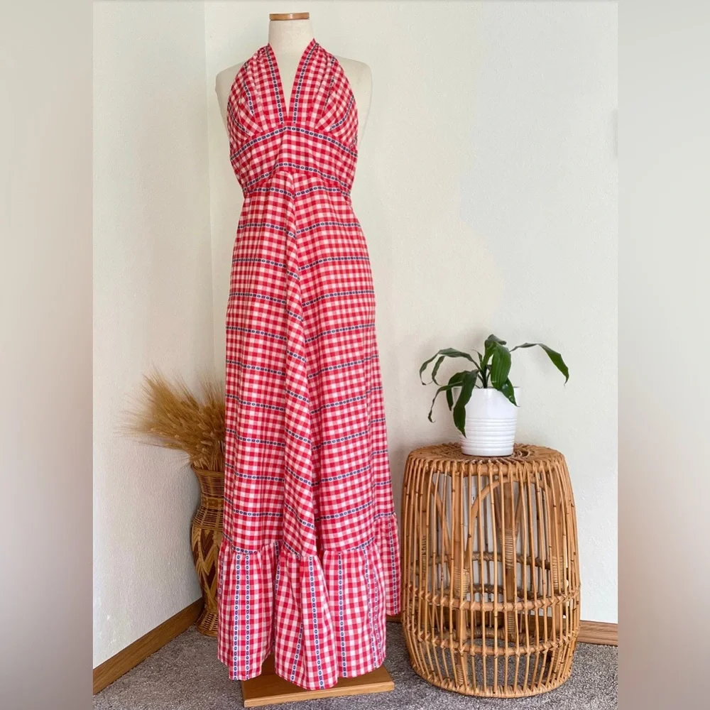 *sold*1970s Vintage LANZ ORIGINALS Red White and Blue Gingham Halter Maxi Dress - Picture 2 of 10